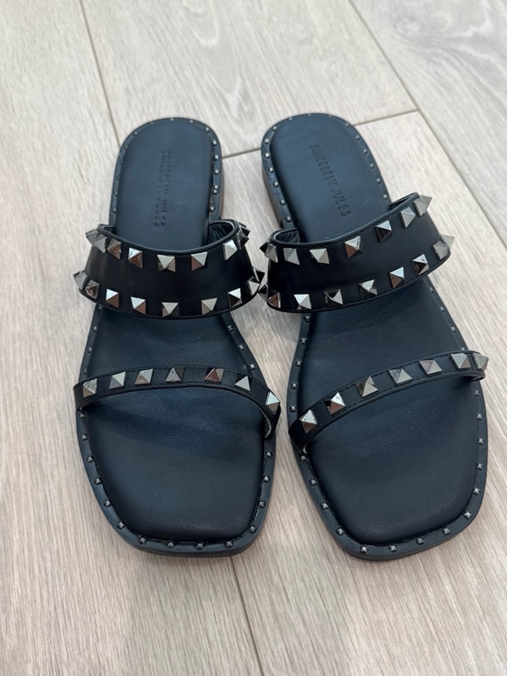Sincerely Jules Black Studded Double-Strap Slide Sandals